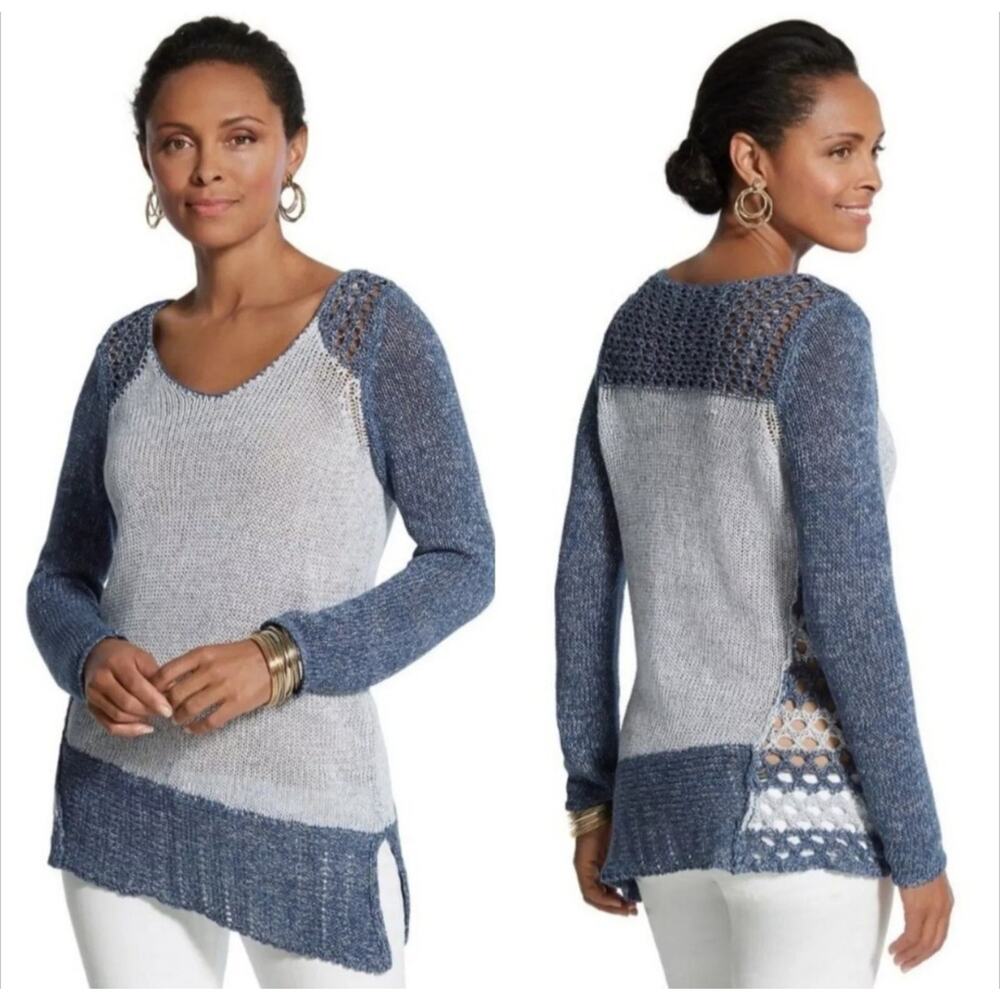 Chico's Whitney Pullover Sweater Light Dark Blue Asymmetrical Knit Crochet Sz L